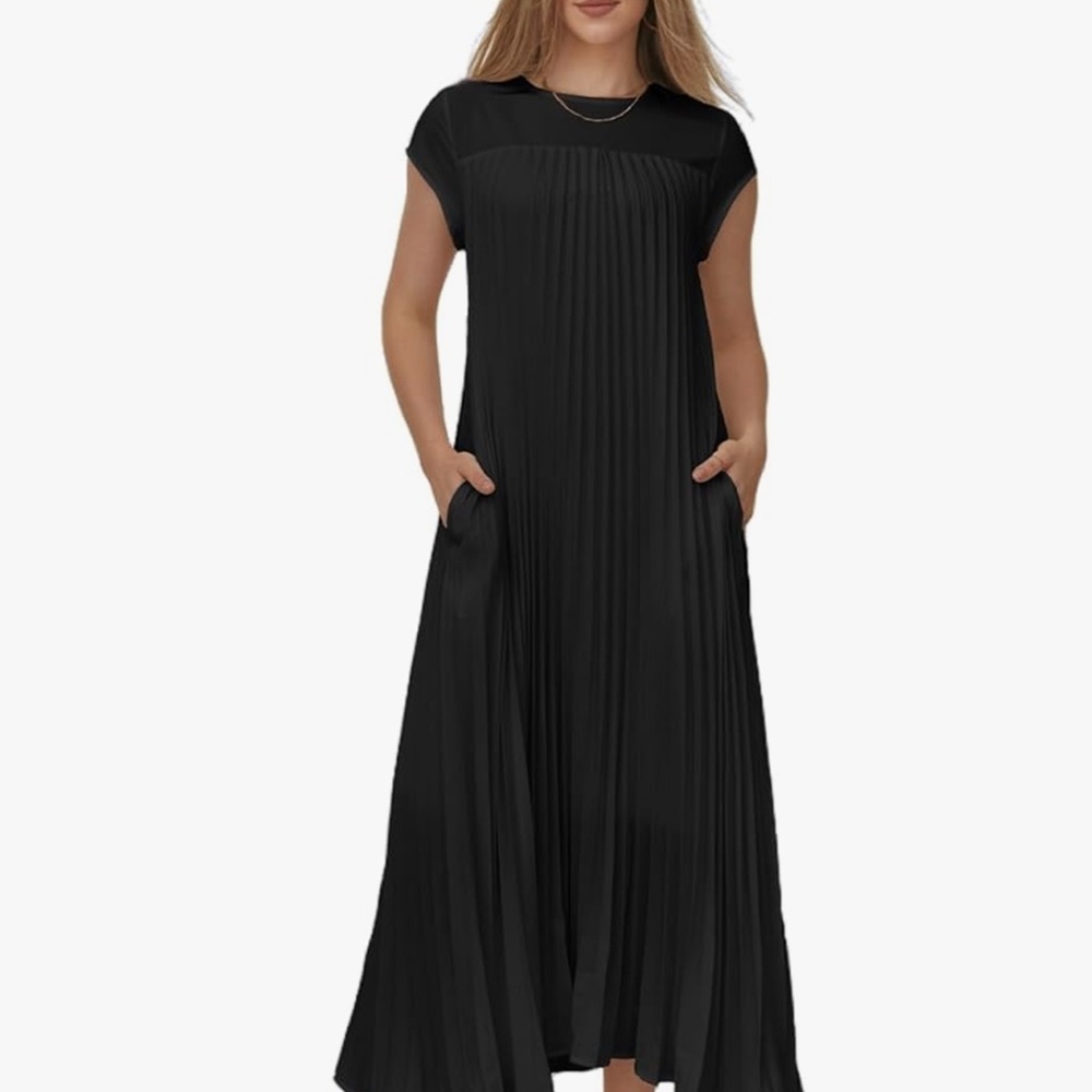 Black casual short sleeve pleated maxi